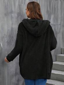 SHEIN LUNE Kích thước lớn Của phụ nữ Màu thuần áo có mũ Lông cừu Áo khoác - màu đen - Xem 2