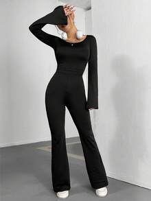 SHEIN Unity 女士圓領喇叭袖連身褲 - 黑色 - 查看 5