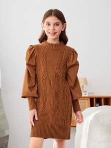 SHEIN Vestido Tipo Jersey Con Cuello Redondo Y Manga Larga, Informal, Holgado, Para Niñas Preadolescentes
