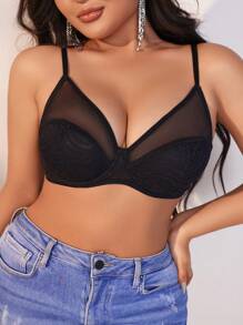 SHEIN 大尺碼女性網紗拼接文胸上衣 - 黑色 - 查看 1