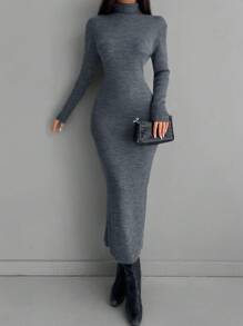 EURMUSE Turtleneck Ribbed Knit Bodycon Jumper Dress Without Belt - Dark Grey - View 5