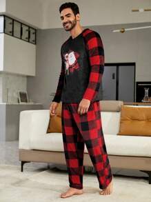 Men 1pc Buffalo Plaid & Christmas Print Raglan Sleeve Sleep Tee & 1pc Sleep Pants