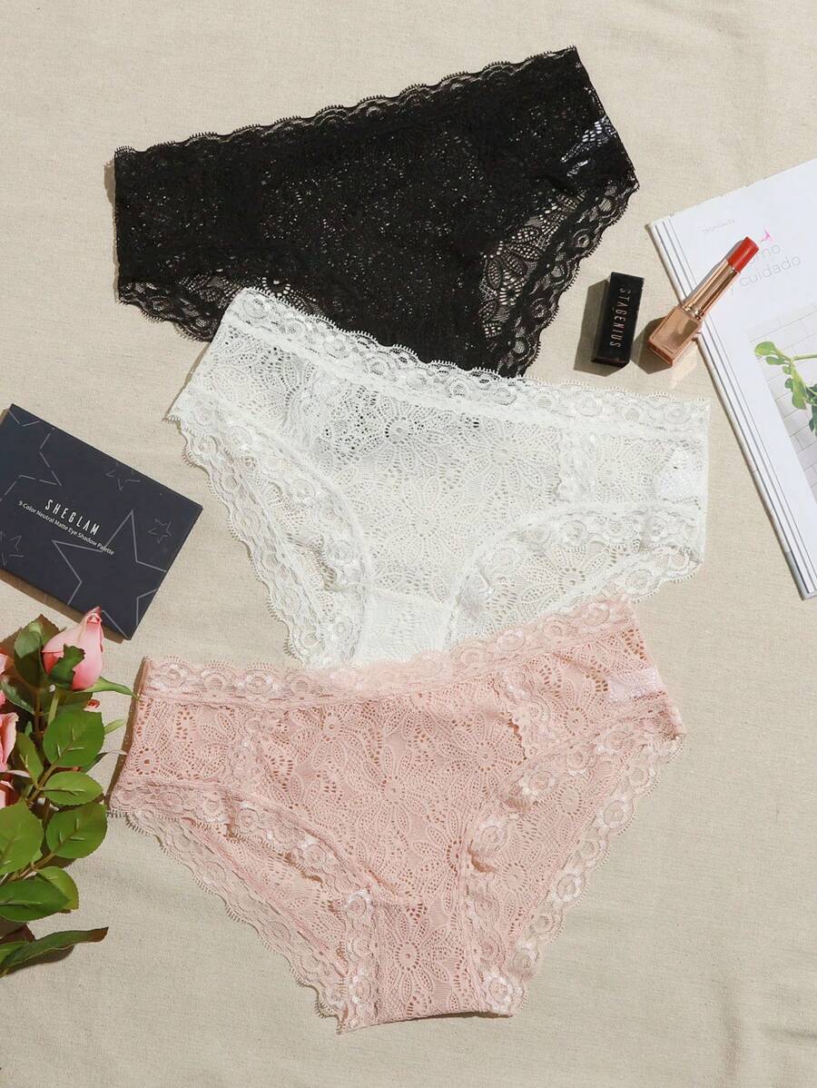 Panty Set Mit Floraler Spitze, 3er Pack, Lingerie