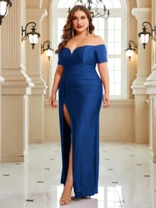 SHEIN Belle Vestido De Talla Grande Para Mujeres Con Hombros Descubiertos Y Pliegues, Y Abertura En El Dobladillo - Azul Marino - Ver 7
