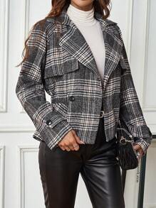 SHEIN LUNE Chaqueta Corta De Lana A Cuadros De Doble Botonadura - Negro - Ver 6