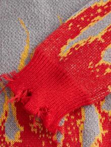 SHEIN ICON 具有機車圖案的磨損袖口寬鬆毛衣,下垂肩 - 灰色 - 查看 5