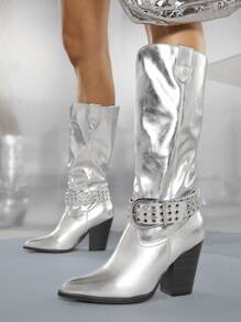 SHUZIA Giày bốt cao gót giữa bắp chân thiết kế mũi nhọn khóa kim loại thích hợp cho nữ đi tiệc, tụ tập - Bạc - Xem 5