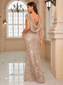 UNITHORSE 女士船领闪亮鱼尾下摆晚礼服派对礼服婚礼宾客礼服正式礼服晚礼服、新娘礼服、生日礼服、毕业礼服 - 杏色 - 查看 2