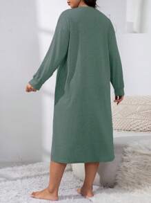 Casual Plus Size Solid Color V-Neck Loose Comfortable Pajama Night Dress Long Dress - Dark Green - View 2
