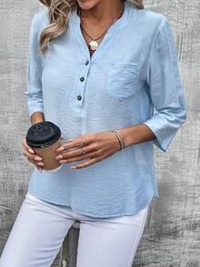 EMERY ROSE Camisa De Mujer De Manga Larga Con Botones, De Color Sólido Y Simple - Azul - Ver 3