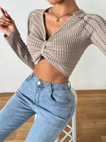 SHEIN Unity Ladies' Hollow Out Knitted Cropped Pullover Sweater Fall Winter - Camel - View 1