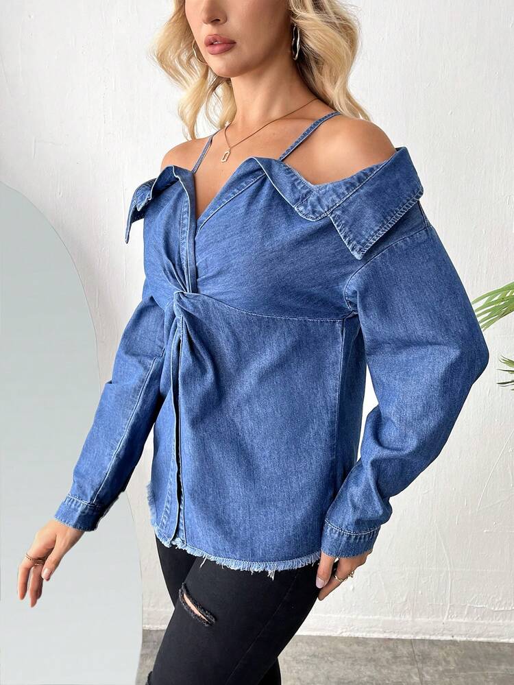 Sexy Stretchy Off Shoulder Denim Top With Long Sleeves