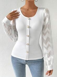 SHEIN Privé Vòng cổ mỏng Nối Của phụ nữ Áo - trắng - Xem 3