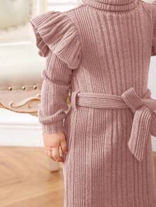 SHEIN Đầm len cổ lọ tay ngắn màu trơn giản dị cho bé gái kèm thắt lưng - Hồng - Xem 5