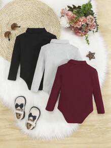 SHEIN Baby Girls' Casual Rib Knit Solid Color High Neck Bodysuit Set (3pcs) - Burgundy - View 2