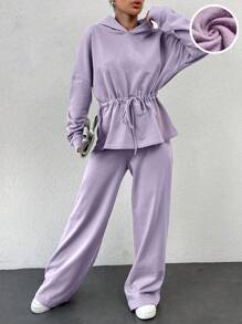 Drop Shoulder Drawstring Waist Hoodie & Drawstring Waist Pants - Lilac Purple - View 1