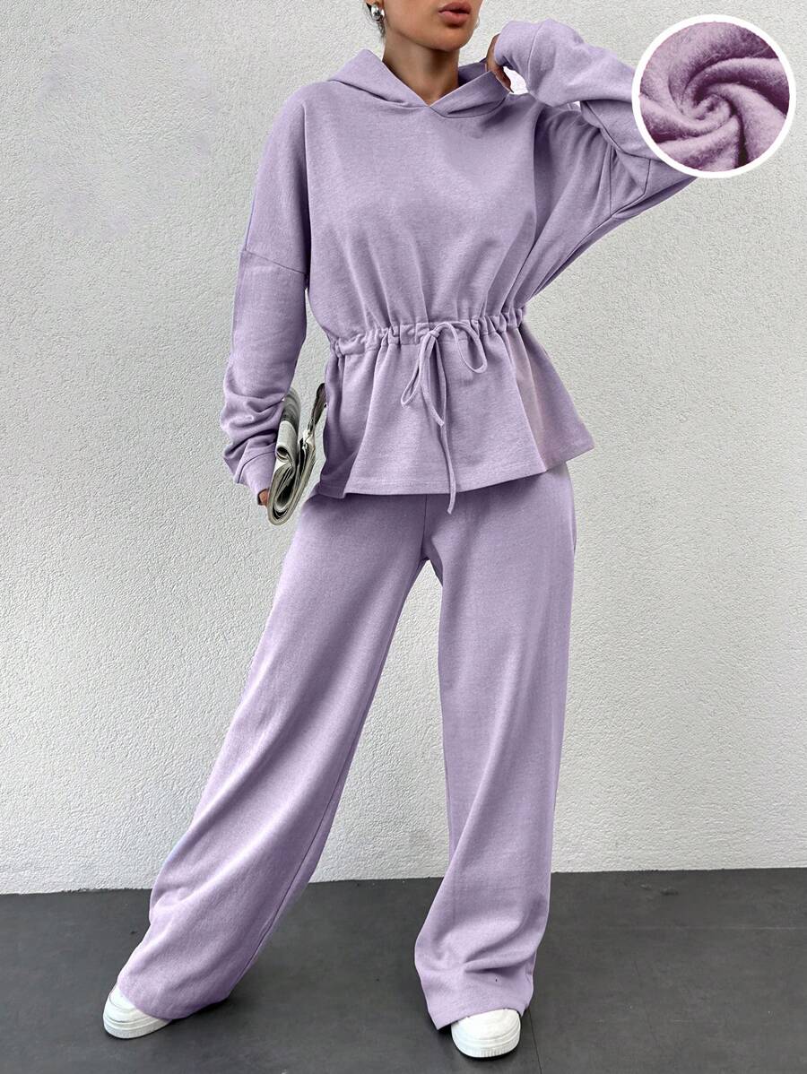 Drop Shoulder Drawstring Waist Hoodie & Drawstring Waist Pants - Lilac Purple - View 1