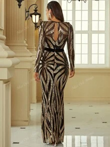 Cut Out Back Mermaid Hem Contrast Sequin Formal Dress Elegant Long Sleeve Prom Evening Wedding Guest Gown, For Graduation, Dinner Party Dress