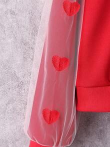 SHEIN Tween 女童红色爱心与字母图案网眼拼接套头衫和休闲裤两件套 - 紅色 - 查看 4