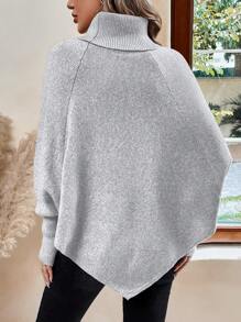 EMERY ROSE 女士休闲高领蝙蝠袖毛衣，不对称下摆，纽扣装饰，长袖针织套头衫，秋冬毛衣 - 淺灰色 - 查看 2
