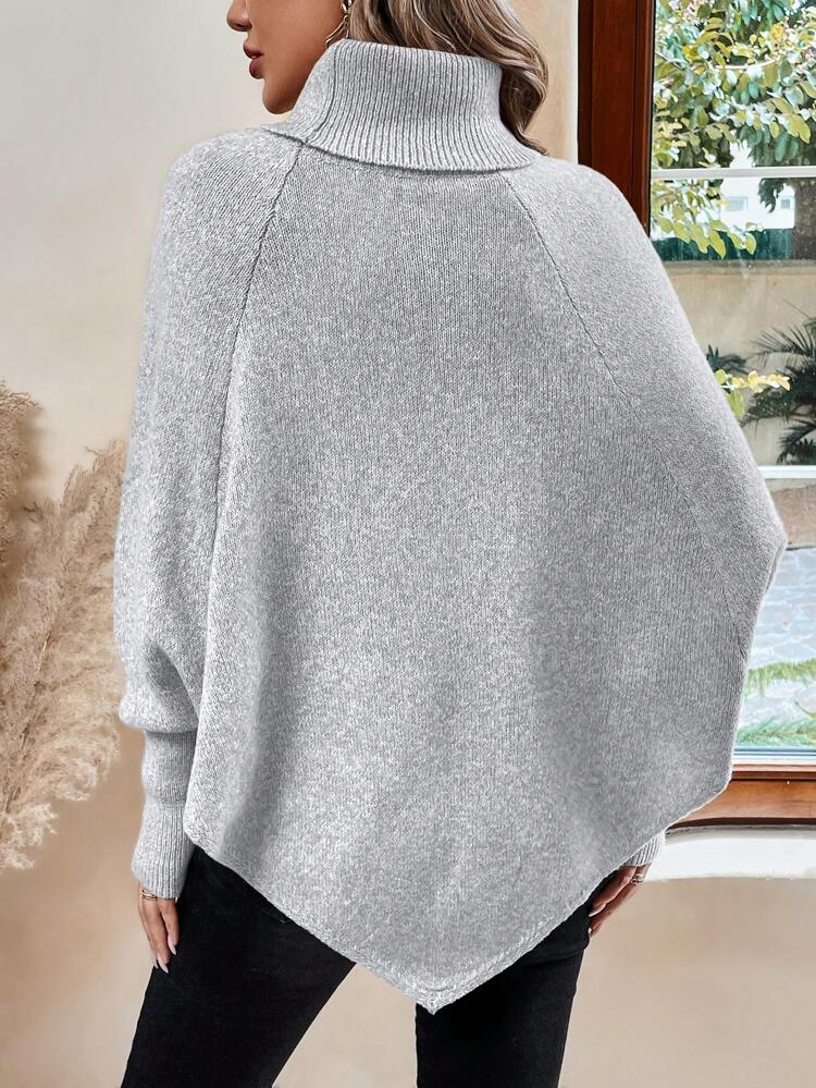 Women's Casual High Neck Batwing Sleeve Sweater With Asymmetrical Hem And Button Embellishment,Long Sleeve Tops Knit Pullover Fall Winter Sweater