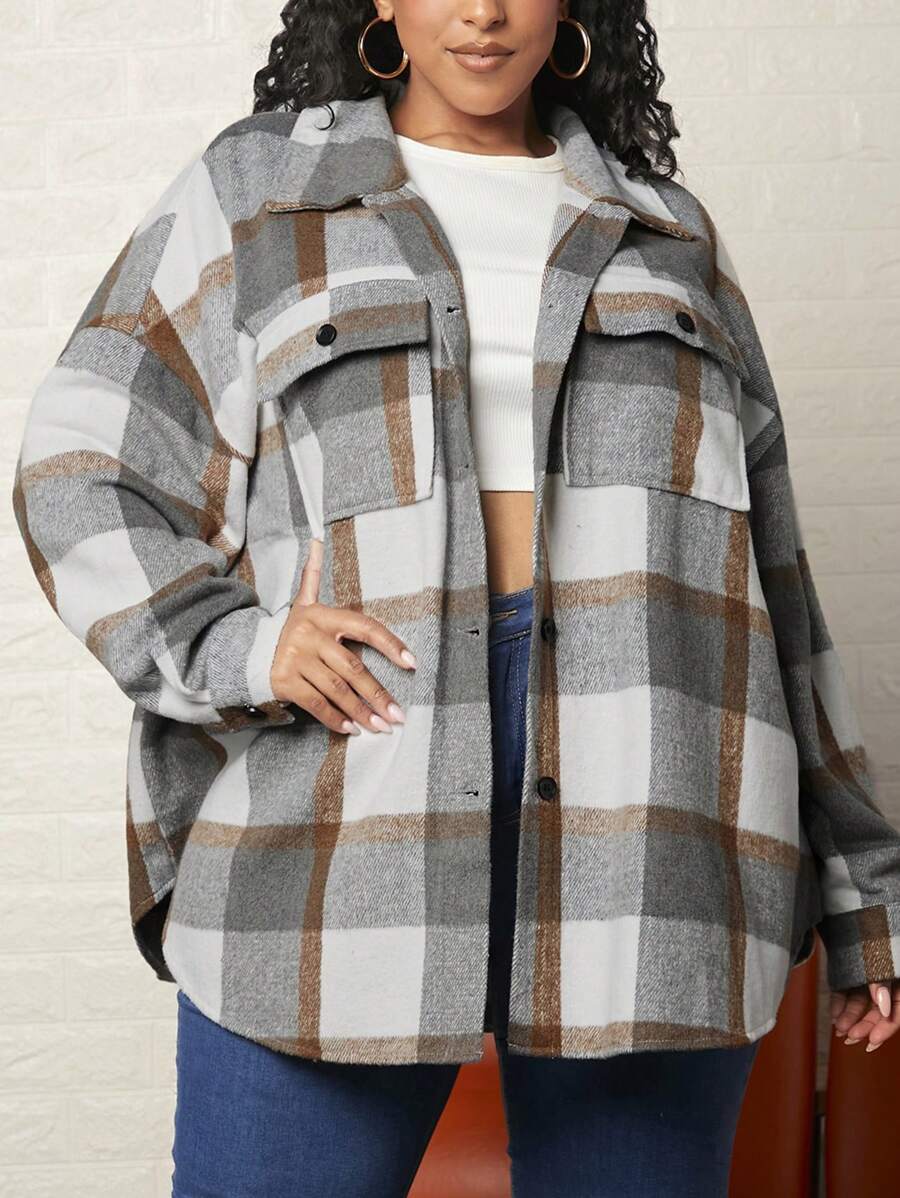 SHEIN CURVE+ 加格紋落肩翻蓋口袋大衣 - 彩色 - 查看 1