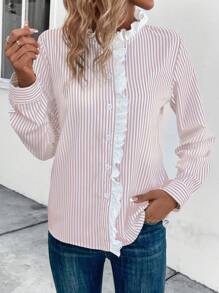 SHEIN Essnce Ladies' Pink Striped Shirt With Lace Trimmed Collar - Pink - View 6