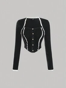 SHEIN MOD 女士彩色拼接前開襟短款t卹 - 黑色 - 查看 1