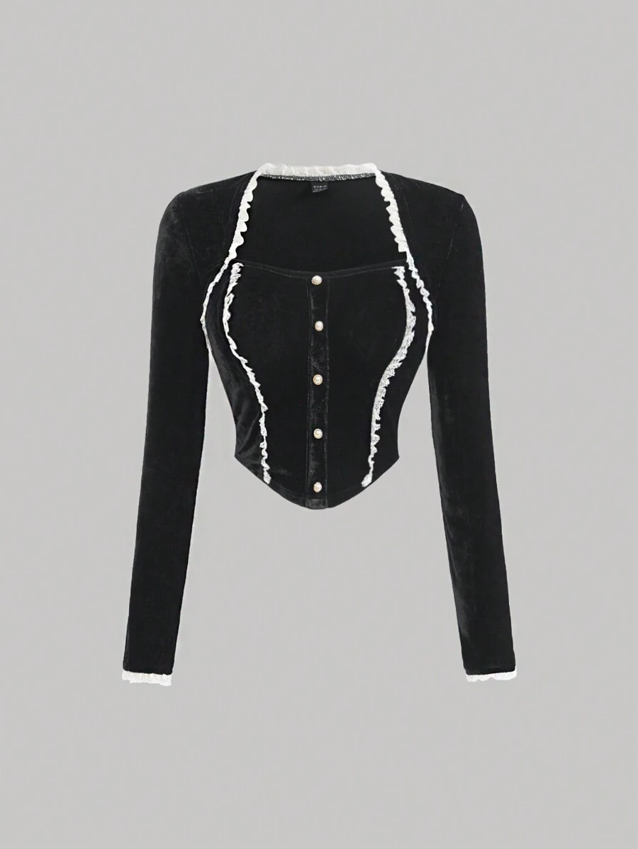 SHEIN MOD 女士彩色拼接前開襟短款t卹 - 黑色 - 查看 1