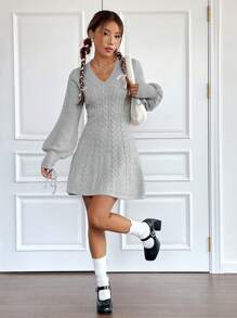 SHEIN MOD 女款v領圓弧袖毛衣裙 - 灰色 - 查看 3