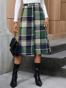 SHEIN Clasi 高腰格子開叉半身裙 - 綠色 - 查看 4