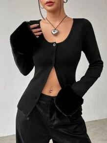 Flirla 毛茸茸袖口釦扣仿羊毛開衫 - 黑色 - 查看 1