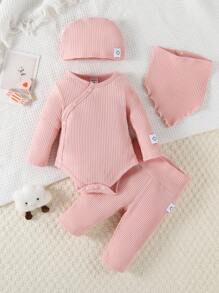 SHEIN Baby Girls' Cartoon Patch Solid Color Ribbed Pajamas Set - Pink - View 1