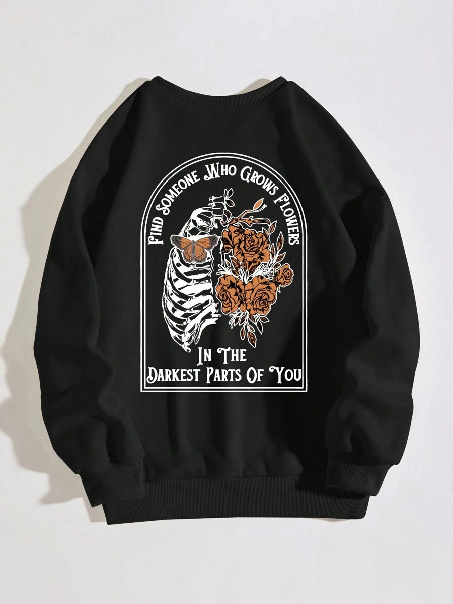 SHEIN EZwear Slogan & Skull Print Thermal Pullover - Black - View 1