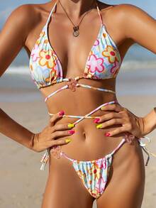 Women's Floral Pattern Cross Back Tie Design Bikini Set, Random Print Summer Beach - Multicolor - View 4