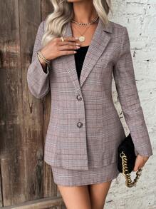 SHEIN Clasi 女士格紋翻領單排釦西裝外套和裙子套裝 - 彩色 - 查看 6