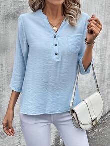 EMERY ROSE Camisa De Mujer De Manga Larga Con Botones, De Color Sólido Y Simple - Azul - Ver 5