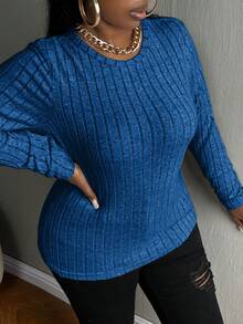 Slaydiva Của phụ nữ Kích thước lớn Màu thuần Thon gọn Áo thun Với Vòng cổ Và Kết cấu - Xanh đậm - Xem 5