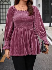 Celure Kích thước lớn Tay áo xù Nếp uốn Áo thun Với Viền trang trí - Màu tím - Xem 5