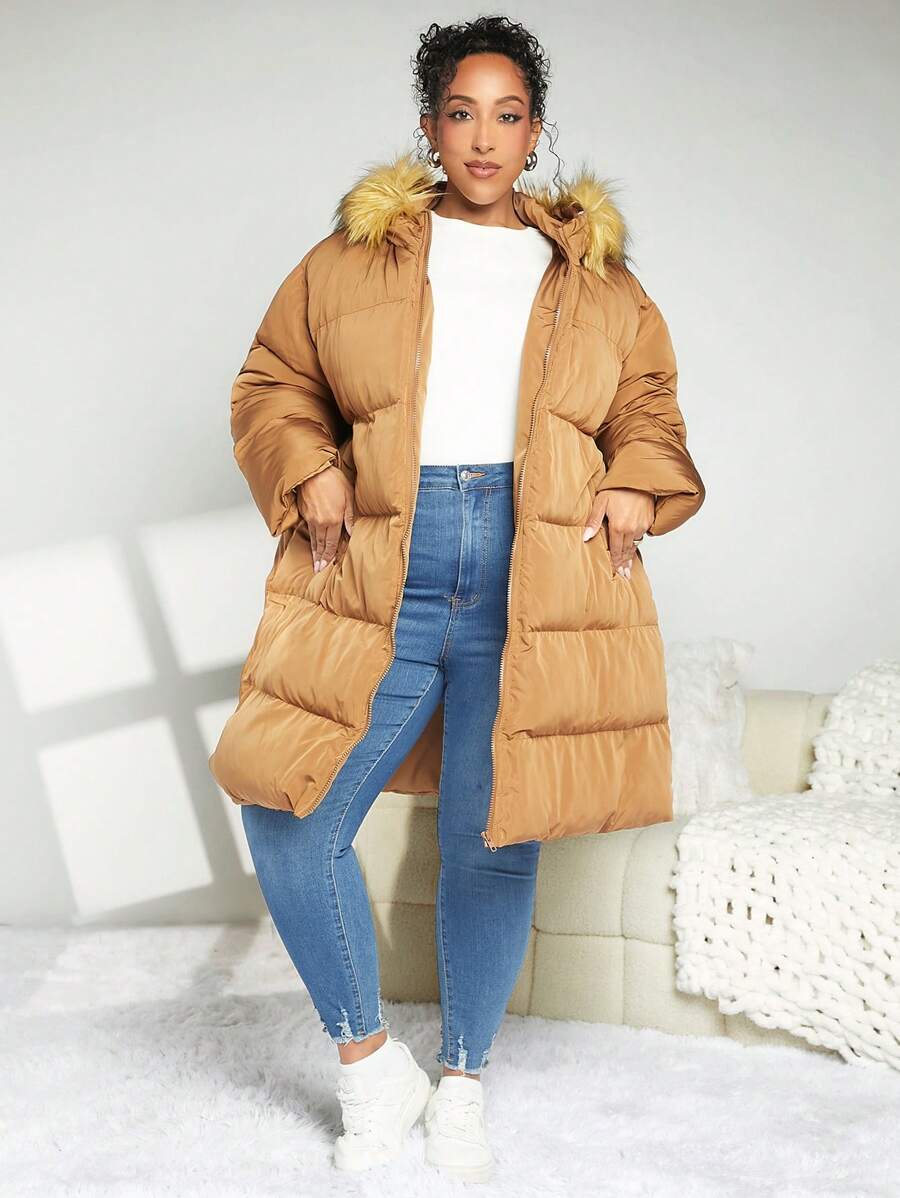 SHEIN CURVE+ Áo khoác độn có mũ trùm đầu cỡ lớn dành cho nữ với chi tiết mờ Mũ trùm đầu & khóa kéo phía trước - Màu Khaki - Xem 1