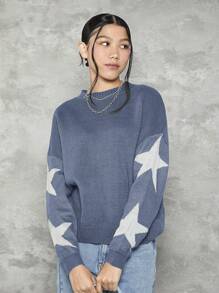 少女長五角星圖案落肩寬鬆休閒毛衣 - 藍色 - 查看 1