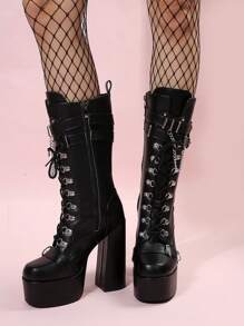 龐克風格金屬扣環超高跟中筒靴,哥德式厚底漆皮鞋加大尺碼女式 - 黑色 - 查看 3