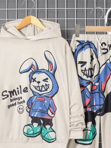 SHEIN Bộ áo nỉ và quần thể thao có mũ trùm đầu họa tiết thỏ hoạt hình thường ngày dành cho thiếu niên tuổi teen - Màu be - Xem 3