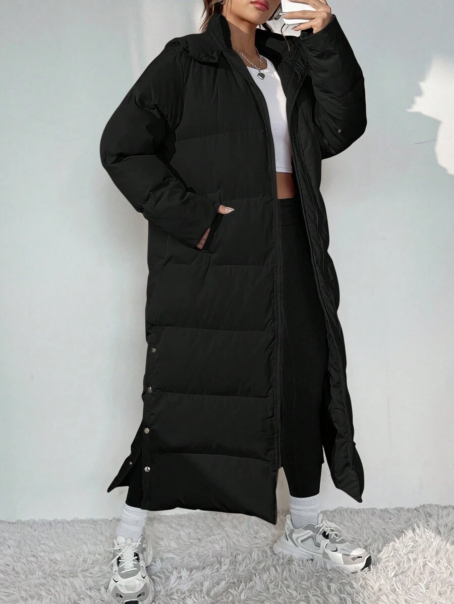 SHEIN EZwear 女士簡約純色長款加厚夾克外套 - 黑色 - 查看 1