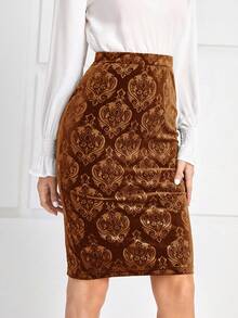 EMERY ROSE 女款錦緞印花修身半身裙 - 咖啡棕 - 查看 4
