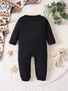 SHEIN 嬰兒男童日常休閒字母印花連身衣 - 黑色 - 查看 2