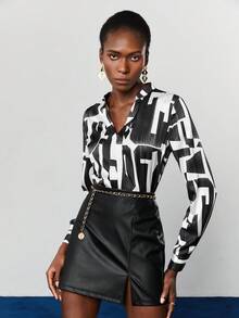 Maija 女士全印花短袖襯衫,v領口設計 - 彩色 - 查看 4