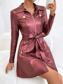 SHEIN Privé 女士拉鍊式前開衫,細節為鈕扣,設有腰部彈性設計 - 酒紅色 - 查看 4