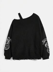 ROMWE Goth Women's Asymmetrical Collar Snake Pattern Pullover Sweater, School - Black - View 4