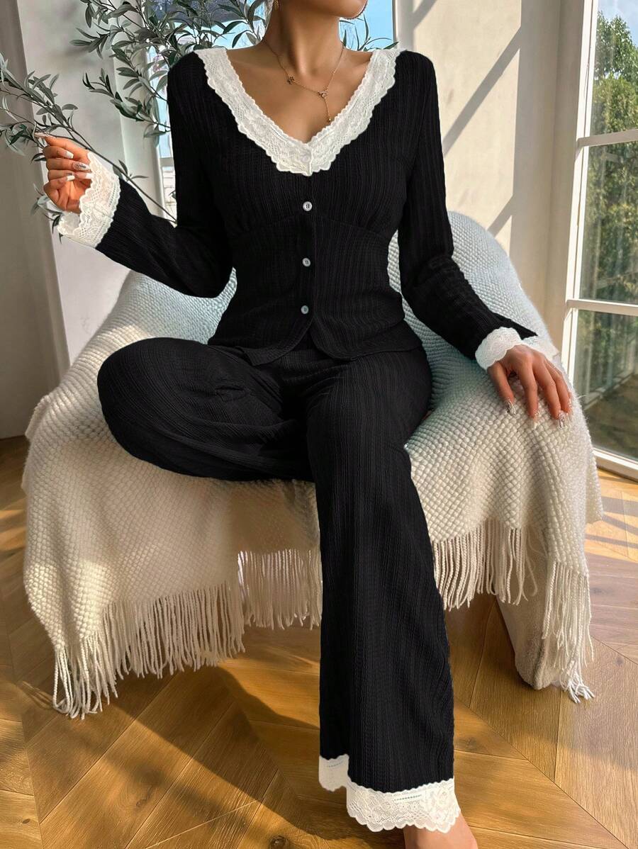 SHEIN Women's Lace Splicing V-Neck Sleepwear Set Pajama Set - Black - View 1